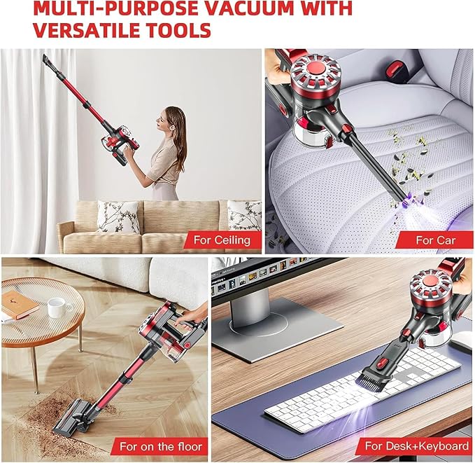 Cordless Vacuum Cleaner for Home,Lightweight Stick Vacuum Cordless Rechargeable with Power Suction, Up to 35 Mins Runtime, Hardwood Floor Vacuum for Pet Hair,Carpets,Tile(Dark Red)