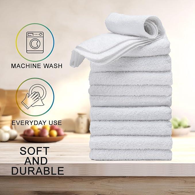 Textila Terry Wash Cloths – Pack of 10, White, 12x12 Inches – Soft, Absorbent & Multipurpose Cotton Washcloths for Face, Hand, Bath, Kitchen, Spa, Gym & Hotel Use