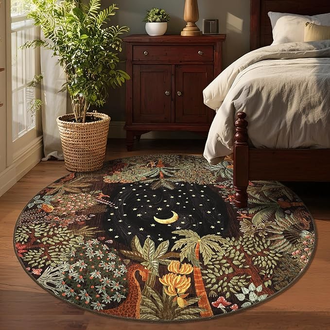 GarveeHome Round Area Rugs 6ft for Bedroom, Brown Jungle Washable Circle Rug Soft Non Slip Forest Animal Print Floor Mat Tiger Carpet Indoor Thin Rug for Bedroom Dining Room Playroom Nursery