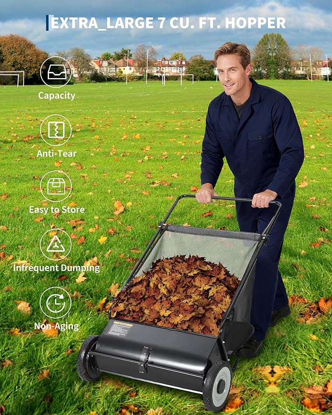26-Inch Push Lawn Sweeper, 7 Cu. Ft. Hopper Capacity Leaf & Grass Collector with 4 Spinning Brushes, Adjustable Height, for Grass Clippings, Leaves & Debris, Black