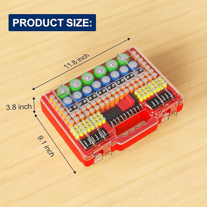 Battery Organizer Storage Holder Box Case with Tester, Stores & Protects Up to 260 Batteries, Double-Sided, Clear Locking Lid, Secure Latches & Portable Carrying Handle - Red (Batteries Not Included)