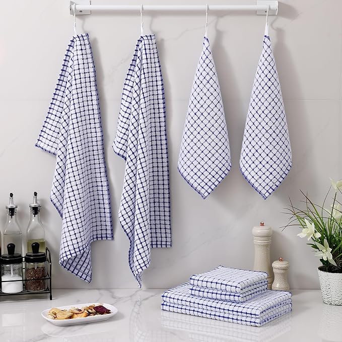 Homaxy Kitchen Towels and Dishcloths Set, 16 x 25 and 12 x 12 Inches, Set of 8 Cotton Terry Kitchen Dish Towels, Super Soft and Absorbent Dish Cloths, Blue