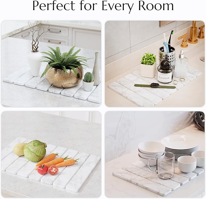 Stone Drying Mat for Kitchen Counter - Collapsible Diatomaceous Earth Dish Drying Stone - Fast Absorbent Stone Dish Drying Mat for Dishes and Pots (White Marble)