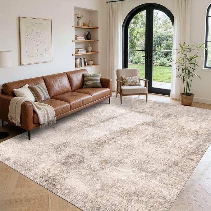 Vintage 8x10 Living Room Pink Rugs, Washable Large Area Rugs for Girls Bedroom, Dining Room, Kitchen, Non Slip Low Pile Soft Floor Cute Carpets for Kids Nursery, Classroom, Farmhouse, Office