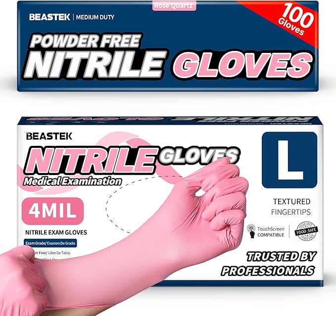 Beastek Nitrile Disposable Exam Gloves, 4Mil 100Ct Powder-Free Latex-Free Food-Safe for Cooking Medical Esthetician, Hot Pink
