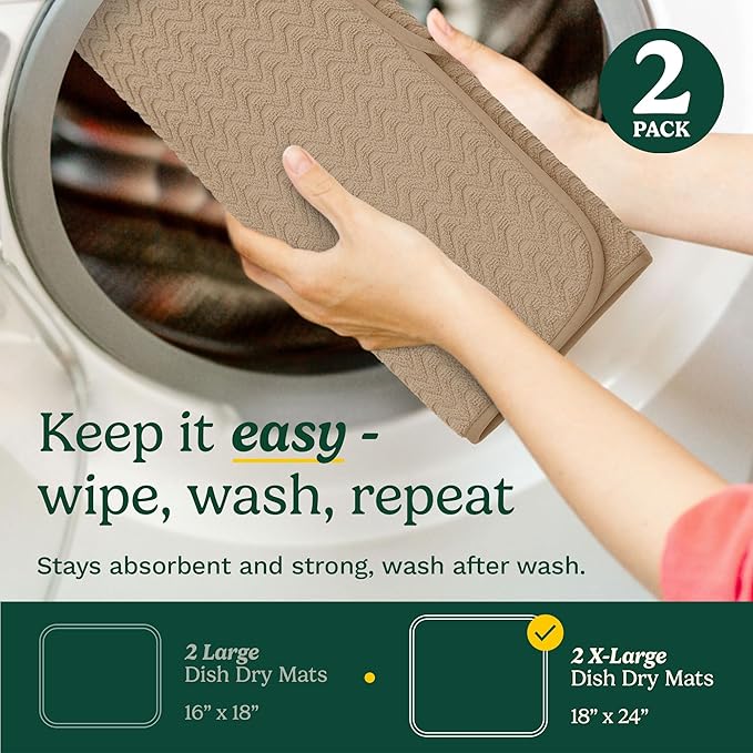 Cuisinart Dish Drying Mats for Kitchen Counter - (2) 18" x 24" Ultra Absorbent Dish Drying Mat XL - Foldable, Machine Washable, Fast Drying Dish Mat (Geostripe)