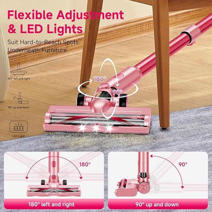 Cordless Vacuum Cleaner, 8 in 1 40Kpa 55Mins,Lightweight Vacuum Cleaners for Home, Stick Vacuum with Anti-Tangle Brush,Wall Mount, Rechargeable Cordless Vacuum for Floor/Sofa/Pet Hair,Pink