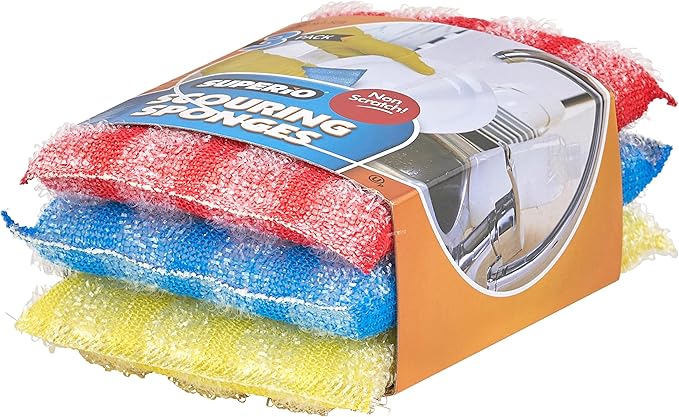 Superio Heavy-Duty Scrubber, Hand-Friendly Kosher PotScrubber for Non-Scratch Dish Washing (Yellow-Blue-Red/Pink)