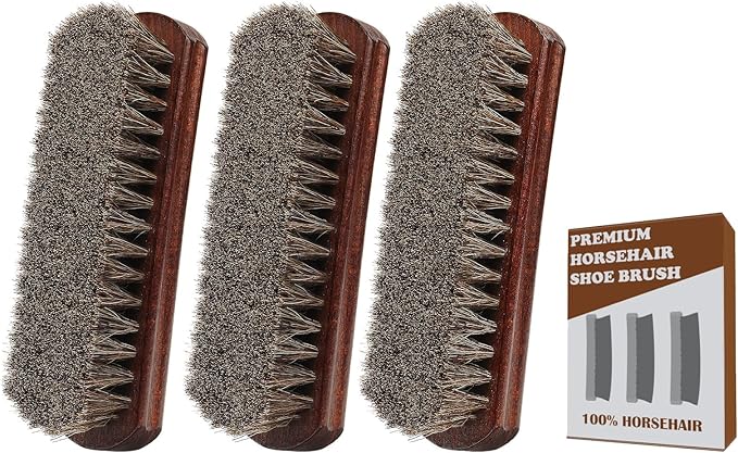 100% Horsehair Brush Professional Premium Horsehair Shoe Brush Dauber Applicators for Leather Shoes Boots Coats Purses Soft Horsehair with Curved Wood Handle for Grip Leather Shine Polish (3pcs)