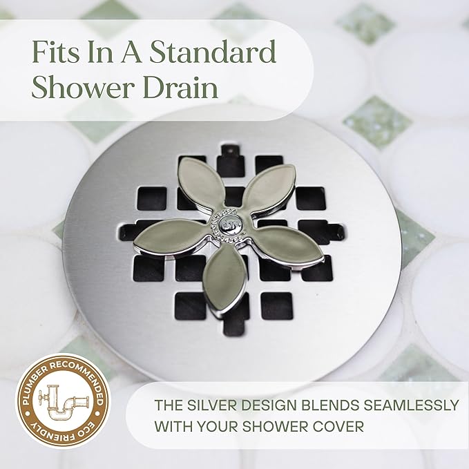 DrainWig Shower Drain Hair Catcher – Disposable Silver Flower (2-Pack) – No-Touch Hair Removal for Flat Shower Drains – As Seen on Shark Tank