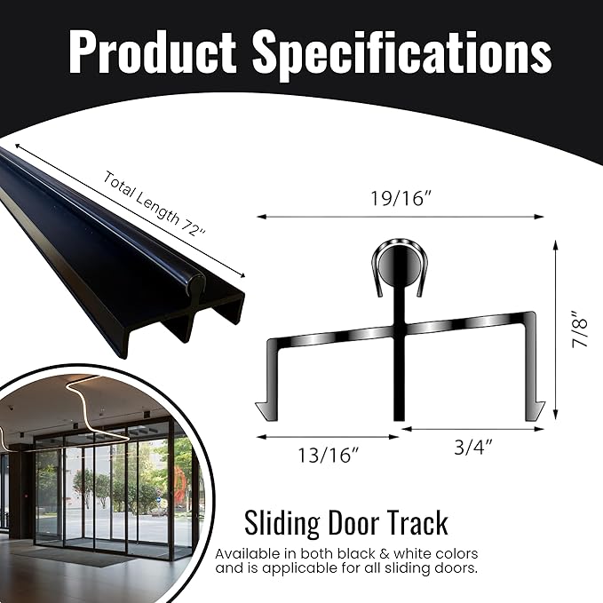 KC Hardware Premium Vinyl Sliding Door Track with Stainless Steel Cover - Ideal for Glass and Screen Doors, Home Improvement and Patio (72 Inches, Black)