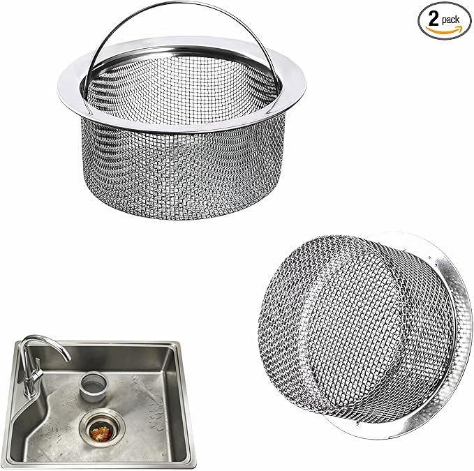 Stainless Steel Kitchen Sink Strainer - Deep Cup Basket Design, 2-Pack, Upgraded Double-Layer Safety, Large Food Catcher, Fits Most Standard Drains (3.14"-3.34" Inner Dia), Rustproof, Easy to Clean