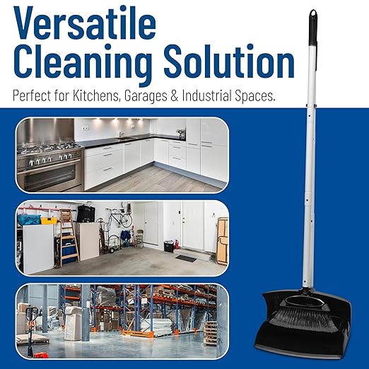 Carlisle FoodService Products Duo-Pan Upright Dust Pan and Broom Set with Adjustable Broom Head for Floor Cleaning, Restaurants, and Janitorial Use, 36 x 11.8 x 41 Inches, Black (Pack of 4)