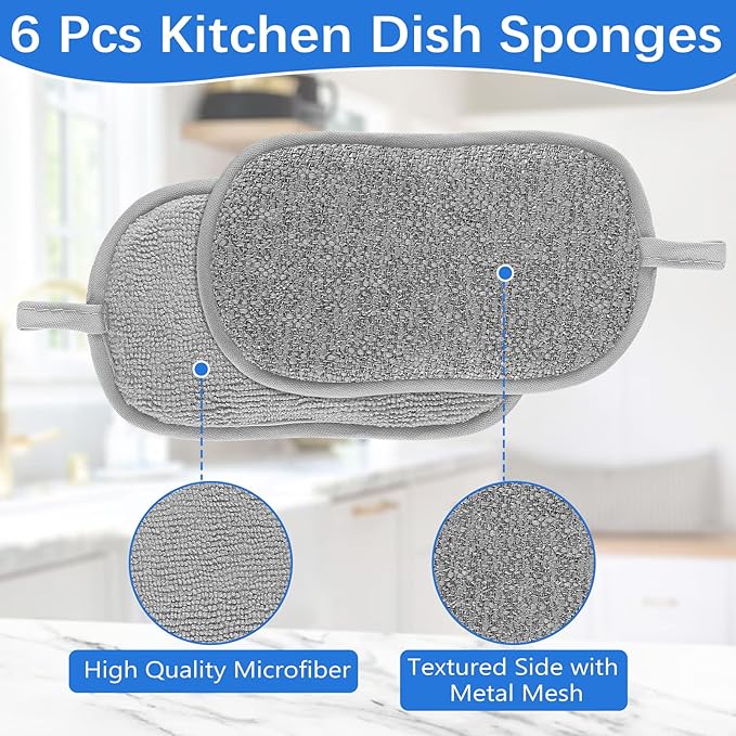 6 Pack Dual-Sided Sponges Kitchen, Non Scratch Microfiber Dish Sponge All Purpose Dish Washing Scrubber for Cleaning Non-Stick Cookware Dishes Kitchen Pots Pans Sink Household(Grey)