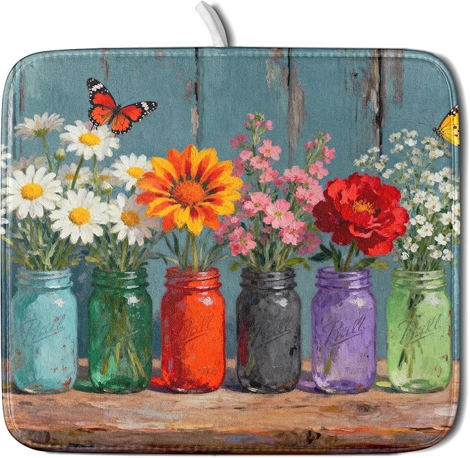Spring Summer Floral Dish Drying Mat for Kitchen Counter 16x18 Flower Bottle Butterfly Woodgrain Seasonal Absorbent Reversible Microfiber Drying Mats Kitchen Countertop Protector Dishes Drainer Pad