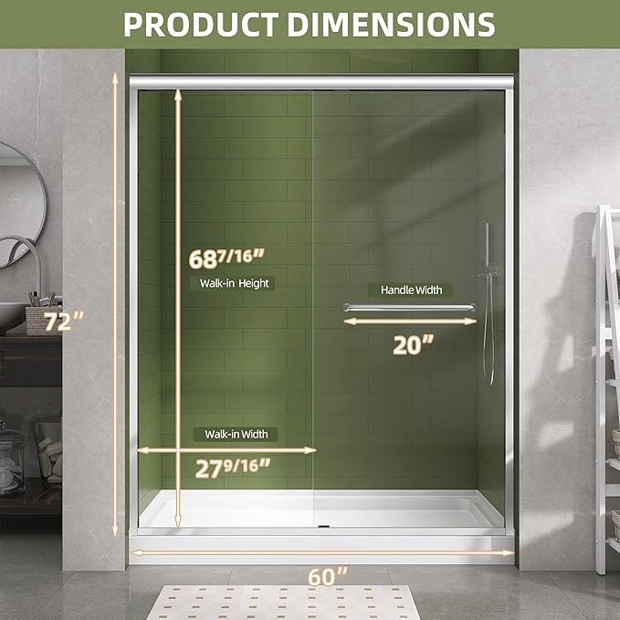 GETPRO Shower Door Double Sliding 56-60 in. W x 72 in. H Semi-Frameless Bypasss Bathroom Glass Shower Sliding Doors,1/4 inch Clear Tempered Glass Door for Walk-in Shower Chrome Finish