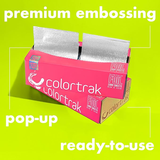 Colortrak Embossed Sheets Silver Aluminum Foil Pop-up Dispenser, 8 Boxes (8000 Pre-cut Sheets) Non-slip Textured Silver 5 x 11 Sheets for Hair Foil Coloring and Highlighting Sheet Applications