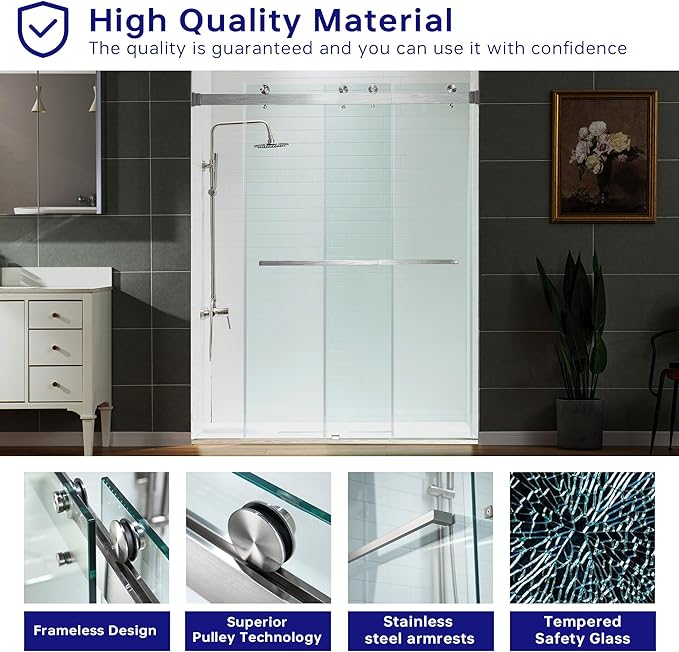 Woodbridge Frameless Shower Doors 56-60" Width x 76" Height with 5/16"(8mm) Clear Tempered Glass, 2 Ways Opening & Double Sliding in Brushed Nickel Finish