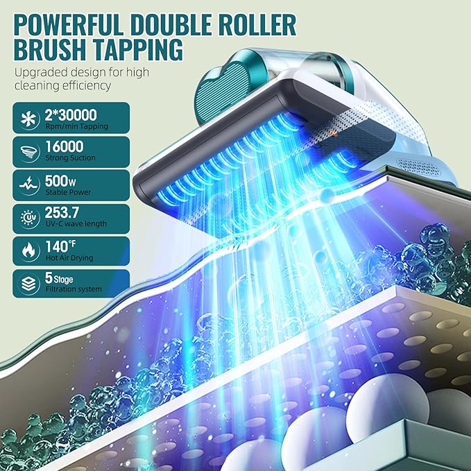 Mattress Vacuum Cleaner Bed Vacuum with 16Kpa Suction 253.7nm UV-C Light, 30000 RPM/Min Dual Brushroll Rotation & Heating Tech & Ultrasonic, 10'' Dual Widened Suction Port, 500W, Corded