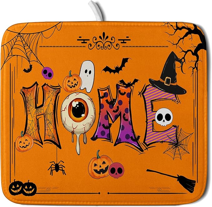 Funny Festival Dish Drying Mats for Kitchen Counter Orange Halloween Home Decoration Coffee Mat