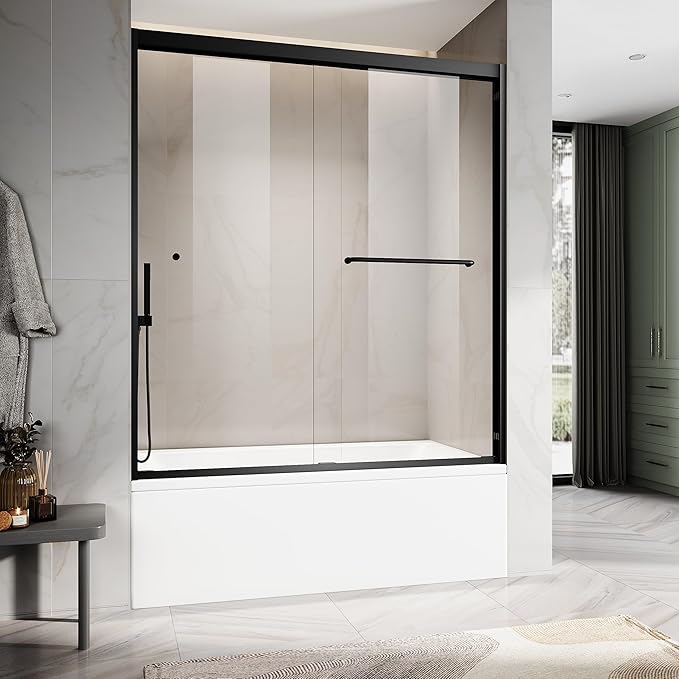 60" W x 66" H Double Sliding Frame Bathtub Door with 5/16" Clear Tempered Glass,Stainless Steel Roller Brackets,Waterproof Threshold Track,Easy-Cleaning Coating & Towel Bar/Knob, Matte Black