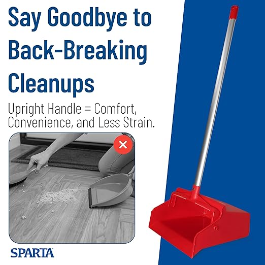 SPARTA Upright Dustpan with Aluminum Handle, Serrated Edge for Broom Combing, Secure Yoke Lock with Easy Storage Hanging Hole for Commercial Cleaning, Plastic, 30 Inches, Red