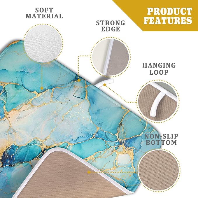 Marble Print Dish Drying Mat for Kitchen Counter,Blue Teal Turquoise Gold Drying Mat 16 x 18 Inch with Absorbent Reversible Microfiber Drying Pad for Coffee Bar
