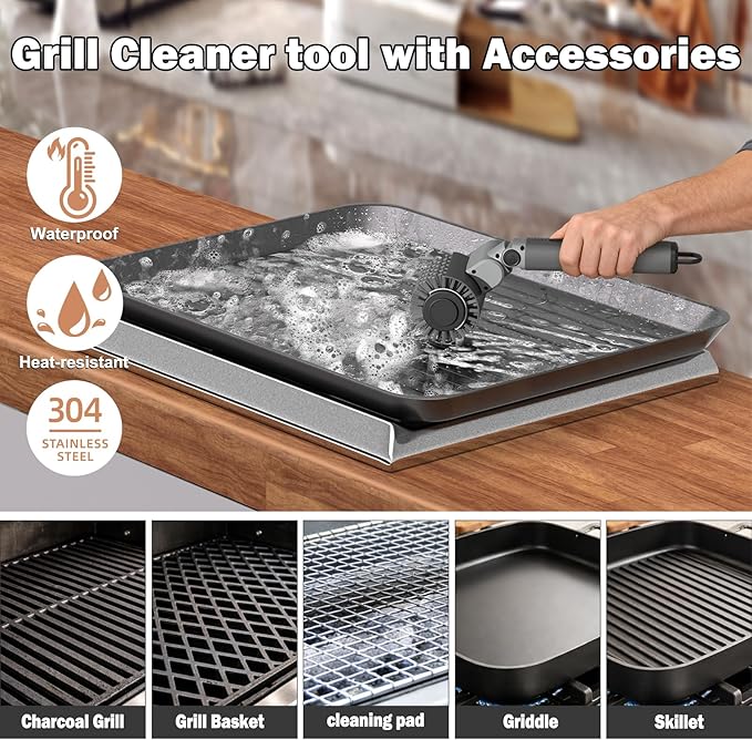 Electric Grill Brush Cleaner for Outdoor,150Mins BBQ Grill Cleaner with 3 Heads, 3-Speed & Angle Adjust Cordless Rotary Grill Brush,Waterproof Motorized Grill Cleaning Brush Kit for Barbecue Grates