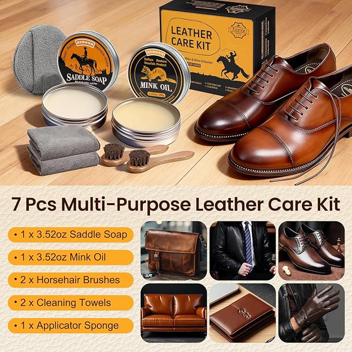 7 Pcs Leather Cleaner Boots Shoes Care Kit-3.52oz Saddle Soap for Leather Items Cleaning, 3.52oz Mink Oil for Shoes Polishing, Including Horsehair Brushes, Shine Cloth and Sponge Pad