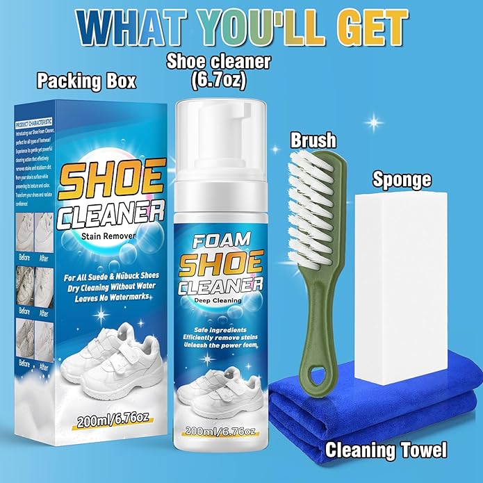 Shoe Cleaner, Deep Cleaning Sole Sneaker Cleaner, Shoe Cleaning Kit with Brush and Towel , White Shoe Cleaner for Sneakers, Tennis Shoes, Leather, Canvas, Rubber, Removes Dirt, Stains, 6.76 oz