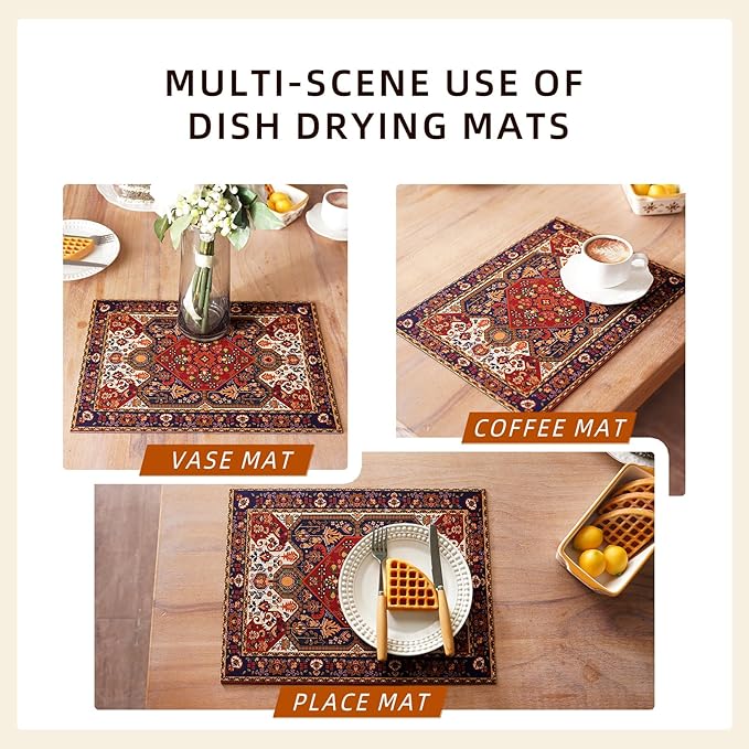 Dish Drying Mat Absorbent American Coffee Mat Rubber Backed Soft Silicone Kitchen Dish Draining Mat for Kitchen Bathroom Coffee Bar (Boho, 12 x 16 Inches)