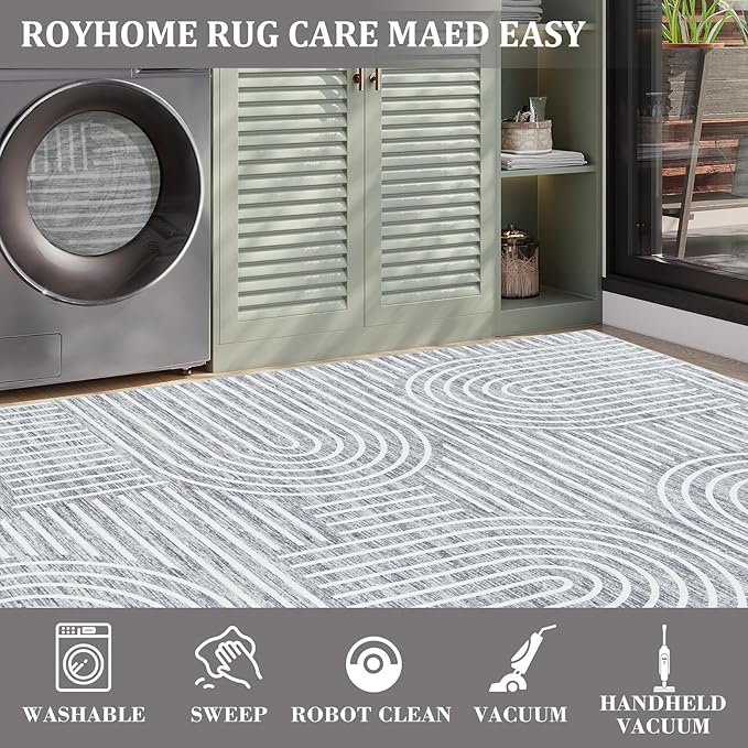 Washable Rug 5x7 Area Rugs for Living Room, Abstract Rug for Bedroom, Soft Rainbow Non Slip Throw Rugs with Rubber Back, Low Pile Stain Resistant Boho Geometric Carpet for Dining Room, Ash