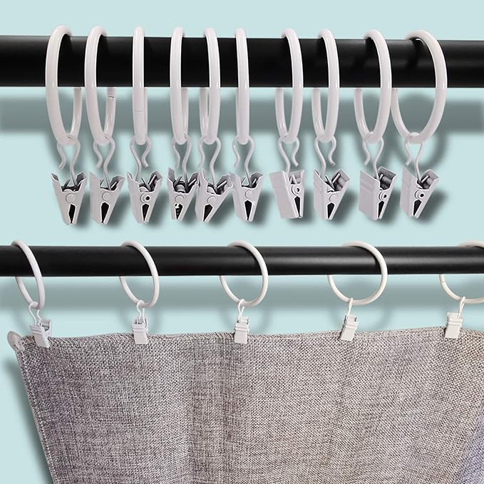 40 Pack Metal Curtain Rings with Clips, Drapery Clips Hooks, Decorative Curtain Rod Clips 1.5 in Interior Diameter, Rustproof White
