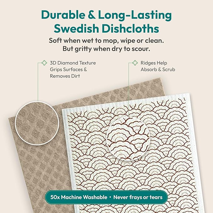 FEBU Swedish Dishcloths for Kitchen | 5 Pack Floral Reusable Paper Towels Washable | Swedish Dish Towels | Non-Scratch Cellulose Sponge Cloths | No Odor, Biodegradable Cleaning Cloths
