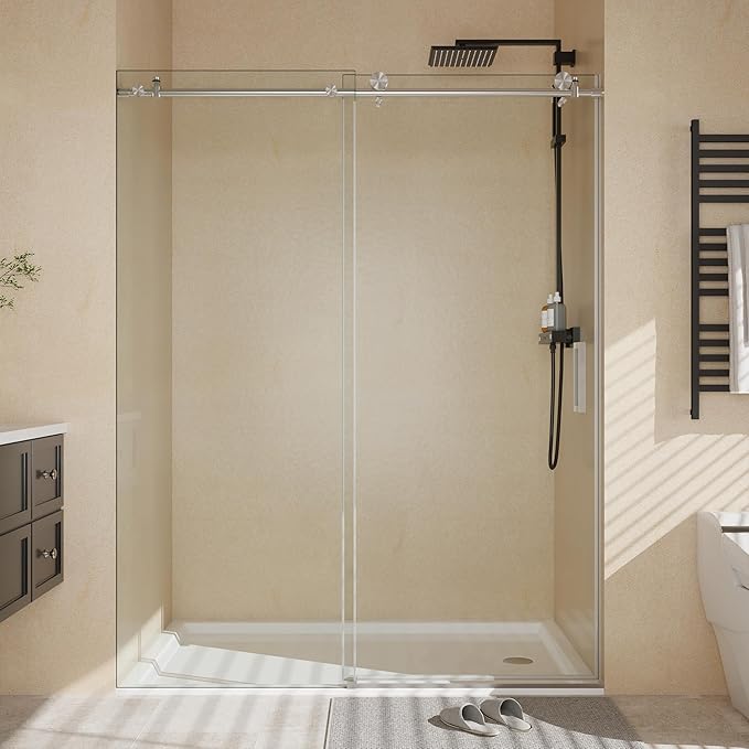 56-60" W x 76" H Frameless Sliding Shower Door - 1/4" (6mm) Clear Tempered Glass, Waterproof, Brushed Nickel Bathroom Door with Easy Installation