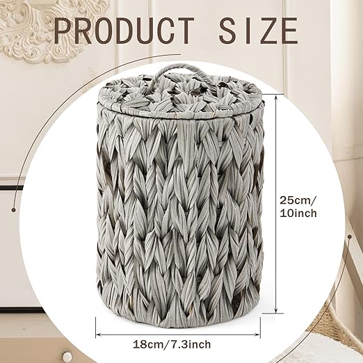 Ctosree 1.3 Gallons Small Trash Can with Lid Handle Boho Woven Braided Bathroom Waste Basket Trash Can with 100 Garbage Bags for Bedroom Office Laundry(Grey,Braided Polypropylene,Round)