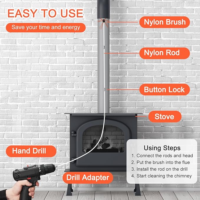 Chimney Sweep Brushes Replacement, 1/2'' External Thread, Brush Cleaning Range 4" -12", Rotary Sweep DIY Set With Aluminum Connector, Chimney Brush Kit Driven by Drill for Sweeping Fireplace
