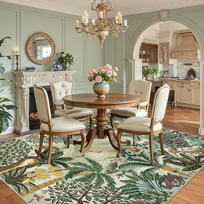 GarveeHome Large Area Rugs 9x12 for Living Room, Jungle Animal Washable Rug Soft Non Slip Backing Floor Mat Carpet Indoor Thin Green Accent Rug for Bedroom Dining Room Playroom Nursery Home Decor
