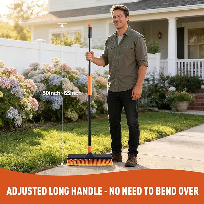 18" Push Broom Outdoor for Floor Cleaning with Extendable Long Handle, Stiff Bristle Heavy Duty Broom for Bathroom, Kitchen, Tub, Tile, Patio, Deck, Concrete, Industrial