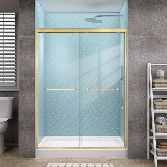 GETPRO Sliding Shower Door 50-54 in. W x 72 in. H Semi-Frameless Bypasss Double Sliding Glass Shower Enclosure,1/4 inch Clear Tempered Glass Door for Walk-in Shower Brushed Gold