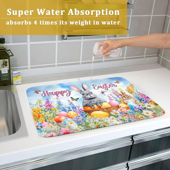 Khope Happy Easter Dish Drying Mat for Kitchen Counter 18x24 Inch Bunny Eggs Butterfly Flowers Reusable Washable Farmhouse Flower Drying Pad Countertop Home Decor