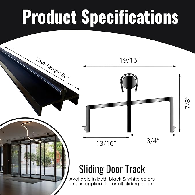 KC Hardware Premium Vinyl Sliding Door Track, Ideal Sliding Glass Door Track with Stainless Steel Cover Ensuring Smooth Glide for Home Improvement and Patio Doors (Black, 96 Inches)