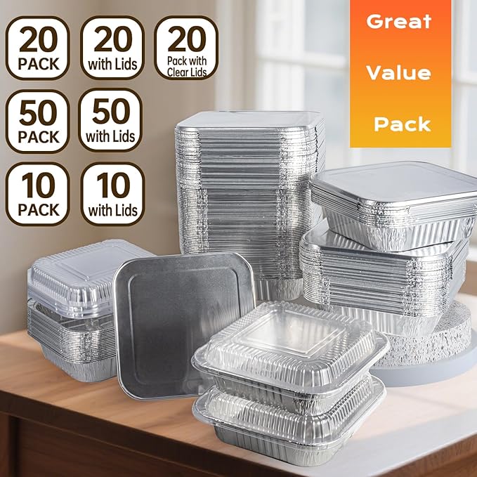 8x8 Aluminum Pans - 20 Pack Disposable Foil Pans, Aluminum Roasting Trays for Holiday Cooking, Parties Meal Prep, Storage, Heating and Baking