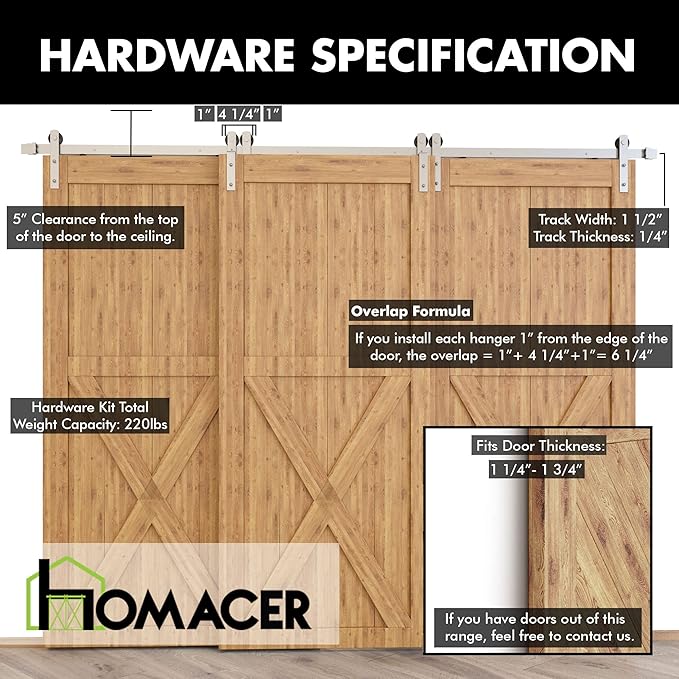 Homacer Brushed Nickel Single Track Bypass Sliding Barn Door Hardware Kit, for Three Doors, 4ft Long Flat Track, StraightDesign Roller, (2 Flat+ 1 Bent Roller Set)