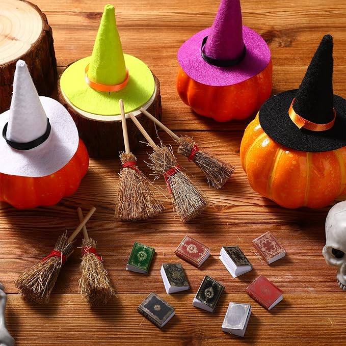 36 Pieces Mini Halloween Decorations 12 Mini Felt Witch Hats 12 Small Brooms 12 Miniature Dollhouse Books Tiny Witch Accessories Set for DIY Crafts Halloween Party Decor Supplies (Colorful)