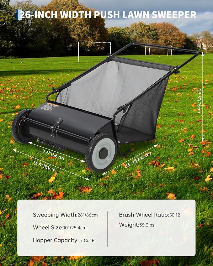26-Inch Push Lawn Sweeper, 7 Cu. Ft. Hopper Capacity Leaf & Grass Collector with 4 Spinning Brushes, Adjustable Height, for Grass Clippings, Leaves & Debris, Black