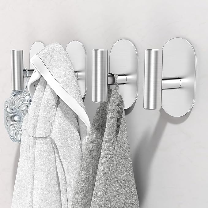 Silver Adhesive Hooks Heavy Duty, Wall Hooks for Shower, Bathroom, Towel, Coat, Robe, Stainless Steel Hooks for Hanging, Waterproof & Rustproof Sticky Hooks for Walls No Damage- 4 Pack
