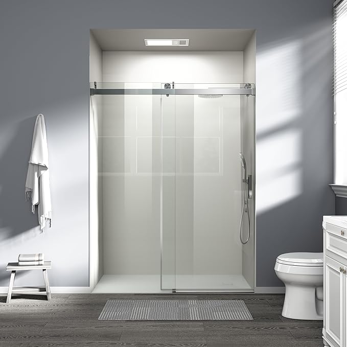 Abruzzo 76" Frameless Shower Door Single Sliding - 1/4" Tempered Glass Soft Close, Brushed Nickel, Adjustable 56-60" Width