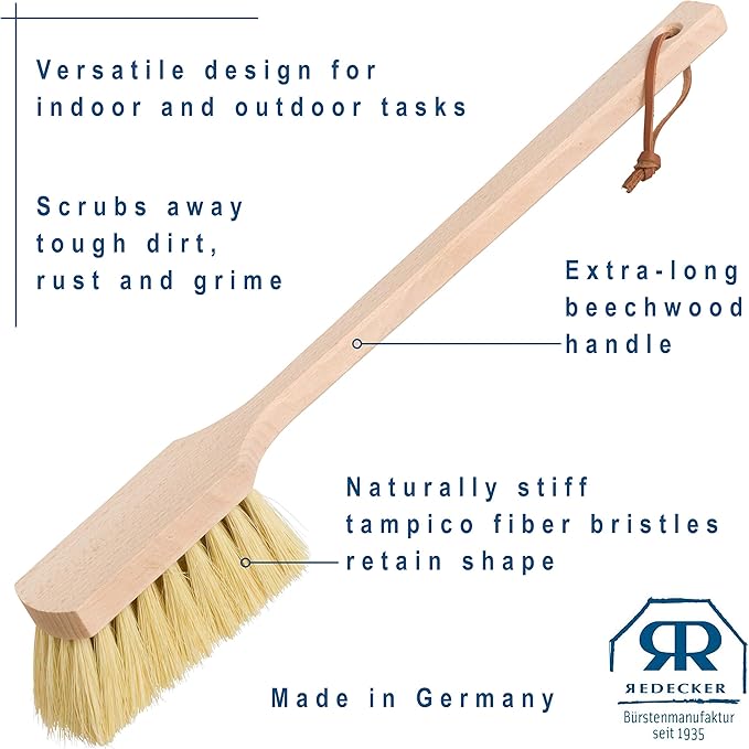 Redecker Wheel Brush, Extra-Long Handle, Beechwood and Durable Tampico Fiber, 17-3/4 inches, Made in Germany
