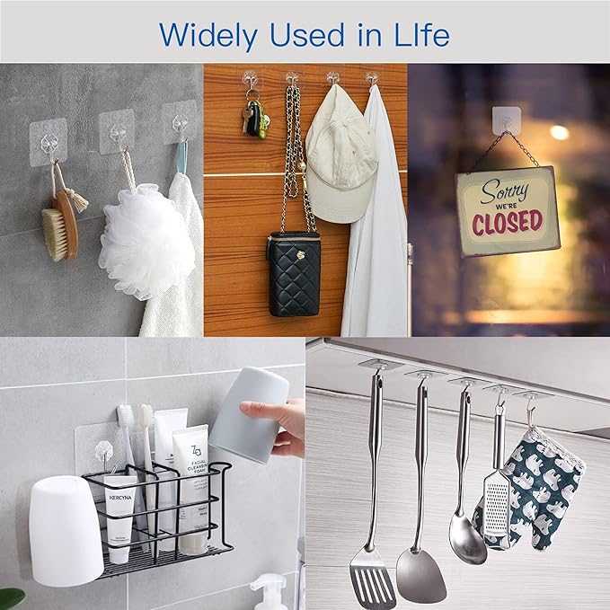Adhesive Hooks, 24 Pack Heavy Duty Sticky Hooks, Transparent Removable Adhesive Hooks for Hanging, Wall Hooks Can be Used for Kitchen Bathroom Shower Outdoor Home Improvement, Waterproof and Rustproof